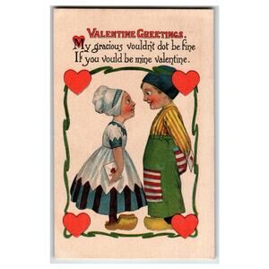 Vintage Valentine Greetings Postcard Dutch Children in Traditional Dress